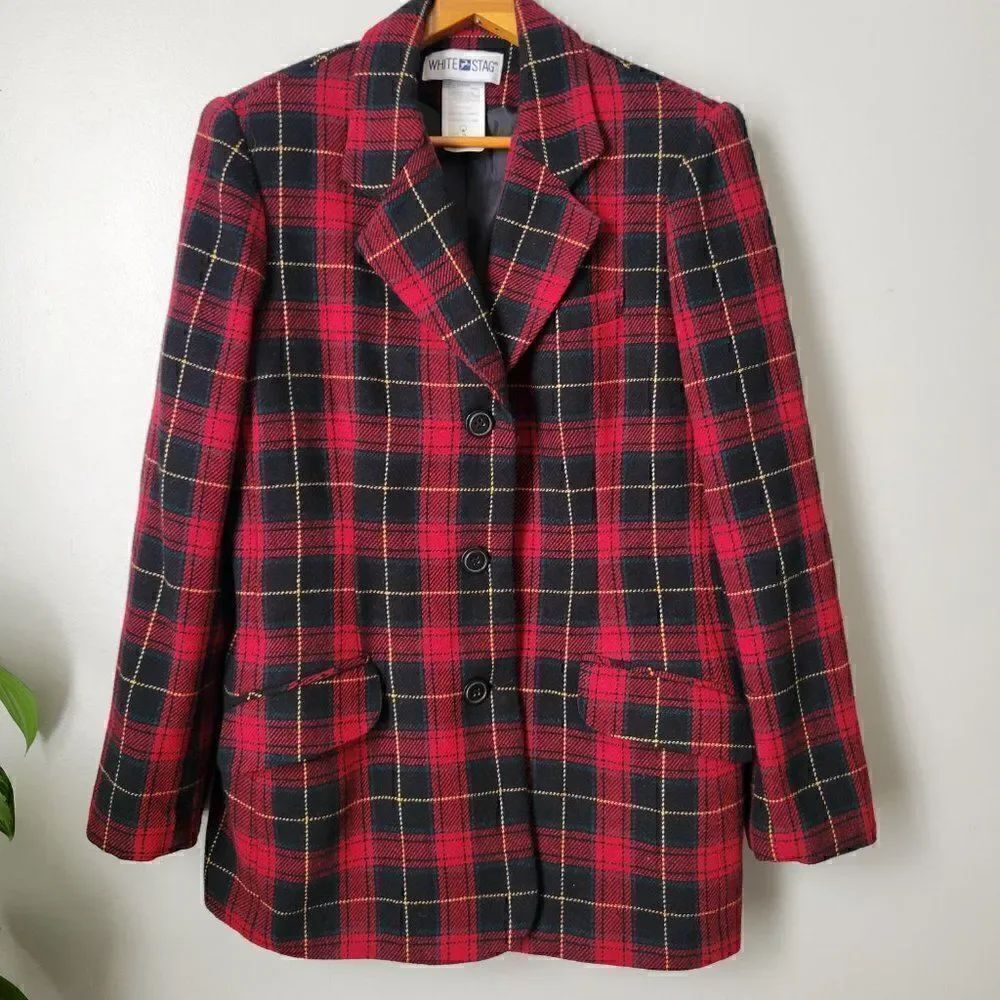 EUC WHITE STAG RED PLAID WOOL BLEND JACKET BLAZER SIZE 10 / M WOMENS
